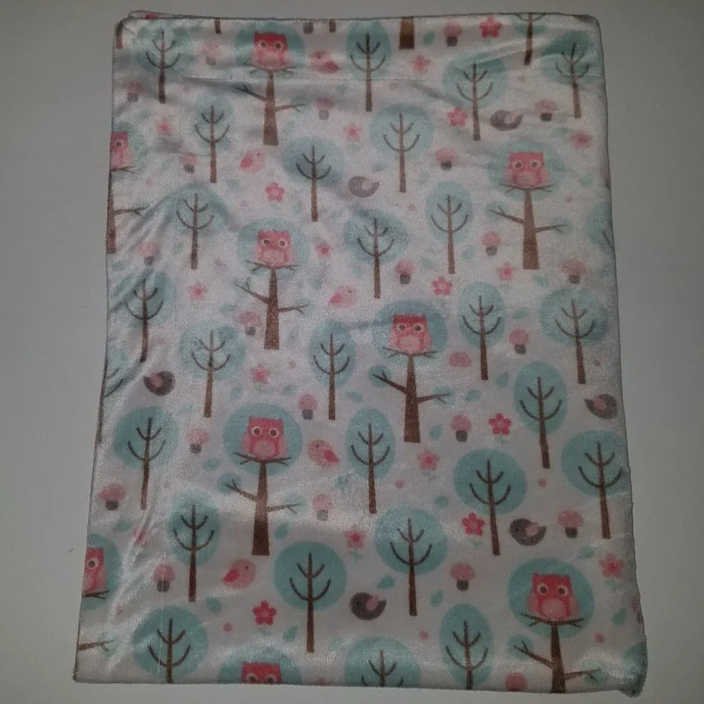 RN 119741 Pink OWLS Fleece Baby Blanket Reversible Lovey Bird Blue Trees Flowers